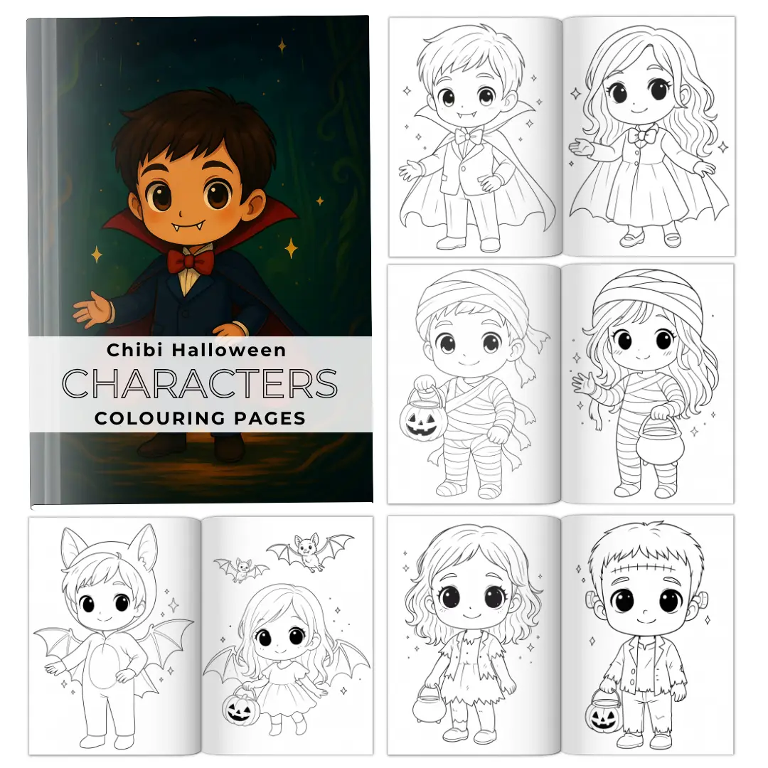 Chibi Halloween Characters Colouring Pages – PLR Edition - Listing (1)